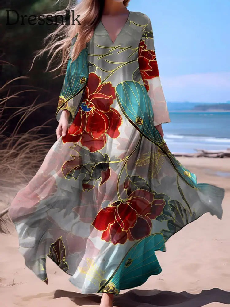 Vintage Bohemian Floral Print Vintage-Midi kleid mit V-Ausschnitt und langen Ärmeln aus Baumwolle A / S