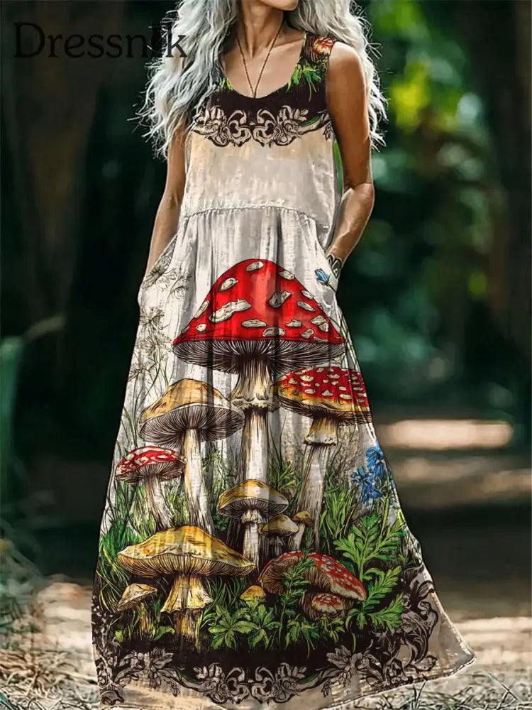 Vintage Bohemian Pilz mit V-Ausschnitt und Blumen druck Elegantes schickes lockiges Midi-Kleid A / S