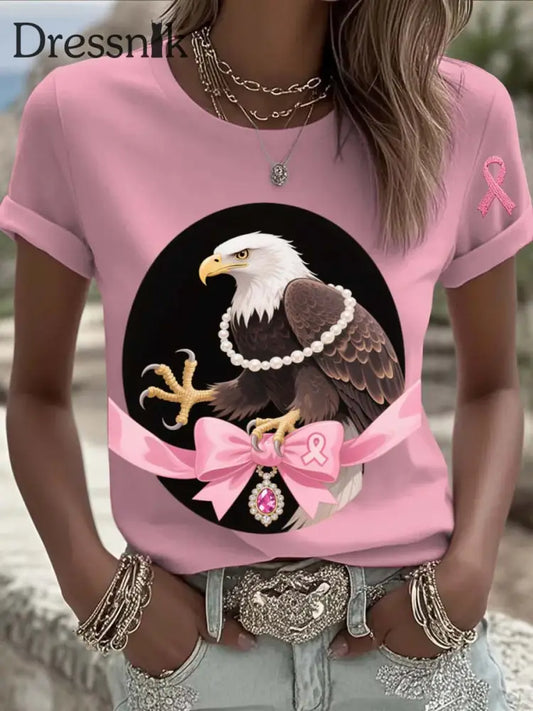 Vintage Breast Cancer Eagle Perlen drucken lässiges Kurzarm T Shirt aus Baumwolle Rosa / S