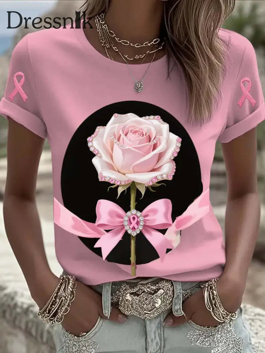 Vintage Breast Cancer Rose Floral Perlen Druck lässig Baumwolle Kurzarm T Shirt Rosa / S