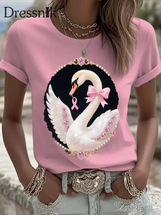 Vintage Breast Cancer Schwan Perlen drucken lässiges Kurzarm T Shirt aus Baumwolle Rosa / S