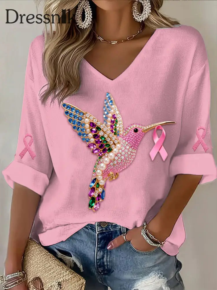 Vintage Brustkrebs Kolibri Bunte Perlen Abstrakt Print Lässiges Baumwoll Langarm T Shirt Rosa / S
