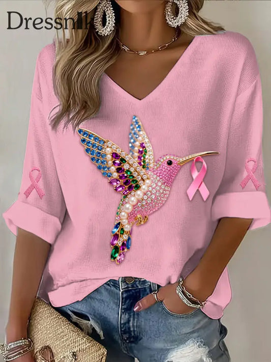 Vintage Brustkrebs Kolibri Bunte Perlen Abstrakt Print Lässiges Baumwoll Langarm T Shirt Rosa / S