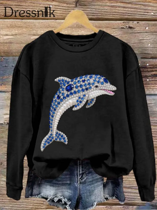 Vintage bunte Delphin Diamant perle bedruckt Rundhals Retro Mode Lose Langarm Sweatshirt Schwarz / S