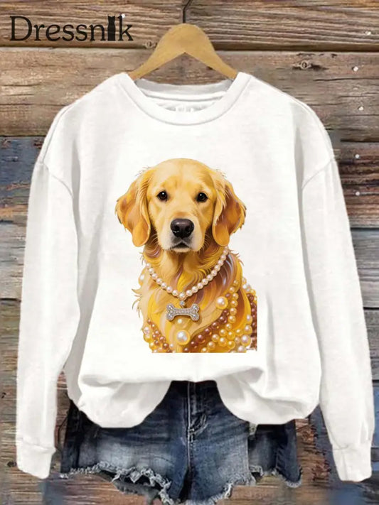 Vintage Bunte Hund Golden Retriever Perlenkette Bedruckt Rundhals Retro Mode Lose Langarm Sweatshirt Weiß / S