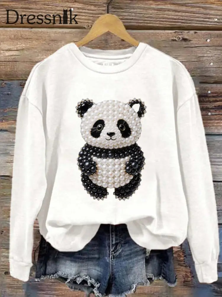 Vintage bunte Panda Perle bedruckt Rundhals Retro Mode Lose Langarm Sweatshirt Weiß / S