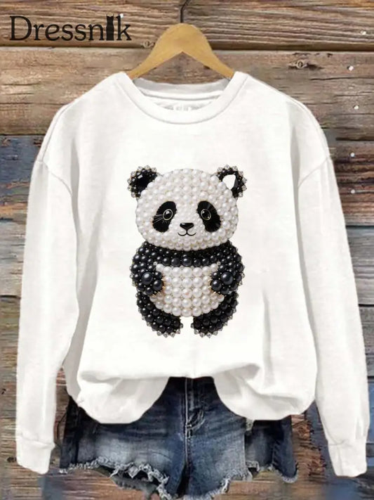 Vintage bunte Panda Perle bedruckt Rundhals Retro Mode Lose Langarm Sweatshirt Weiß / S