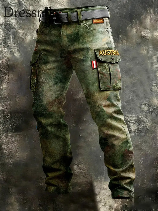 Vintage Camouflage-Arbeits hose mit österreichi scher Flagge für Herren Grün / S