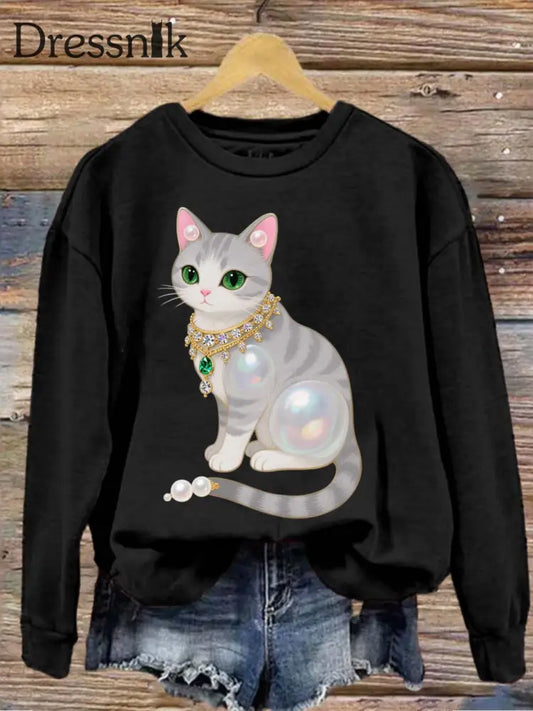 Vintage Cat Pearl Halskette Bedruckt Rundhals Retro Mode Lose Langarm Sweatshirt Schwarz / S