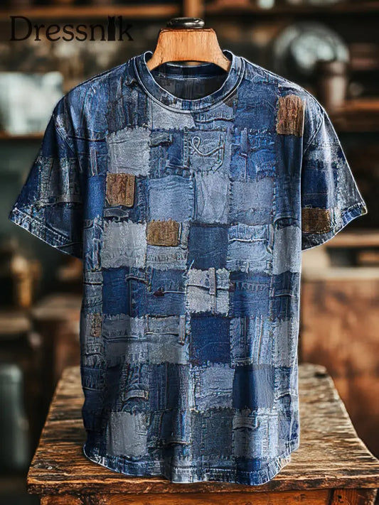 Vintage Denim Farbe Geometrischer Druck Lässiges Kurzarm-T-Shirt bunt / S
