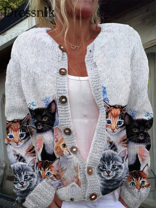 Vintage Elegante Katze Kunstdruck Chic Knopf Dick Lang Ärmelig Strickjacke Pullover A / S