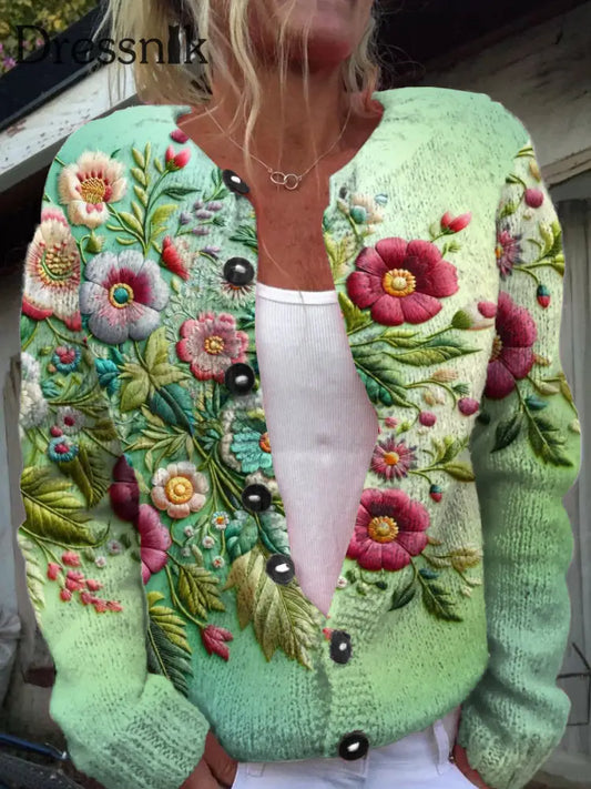 Vintage Elegante Nahtlose Stickerei Blumen Druck Chic Knopf Dick Lang Ärmelig Strickjacke Pullover