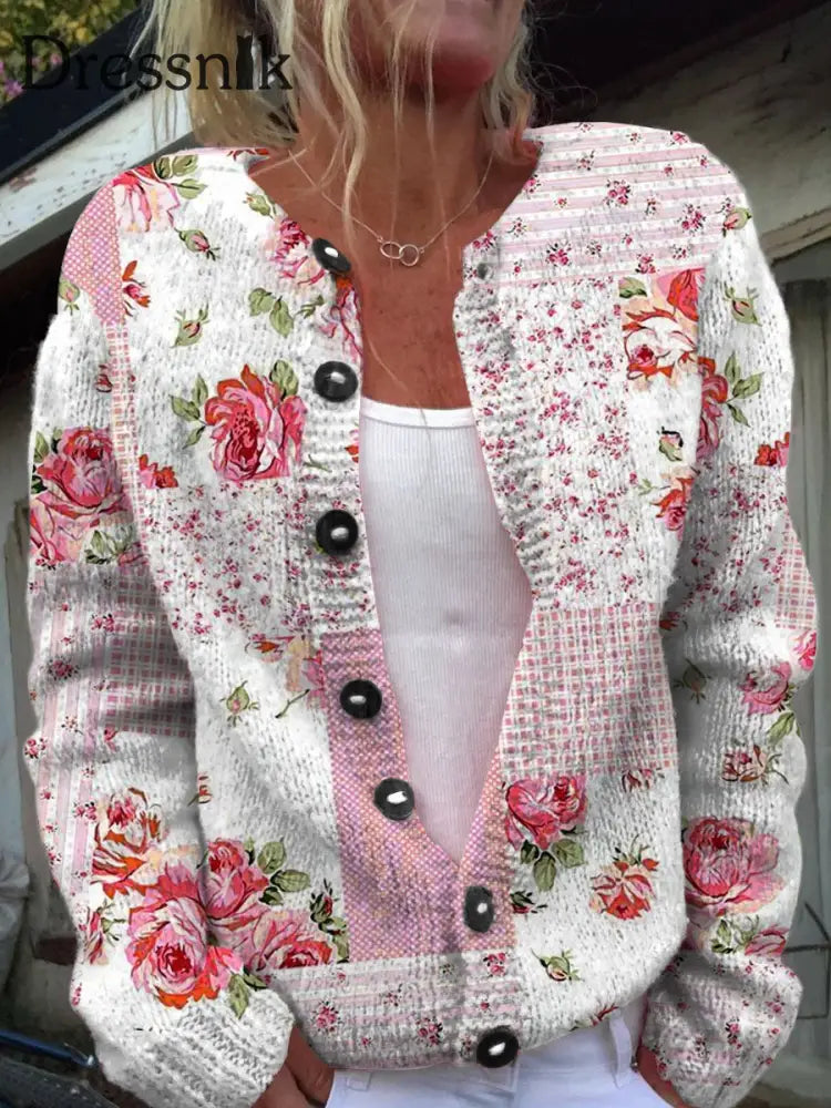 Vintage Elegante Strickjacke Mit Blumen Druck Schicker Knopf Dick Lang Ärmelig Kapuze A / S