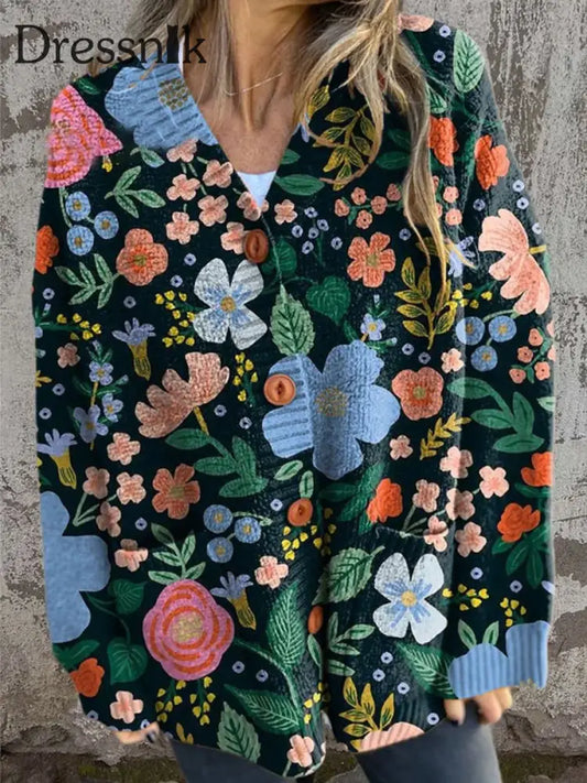 Vintage Eleganter Blumen Kunstdruck Chic Knopf Dick Lang Ärmelig Strickjacke A / S