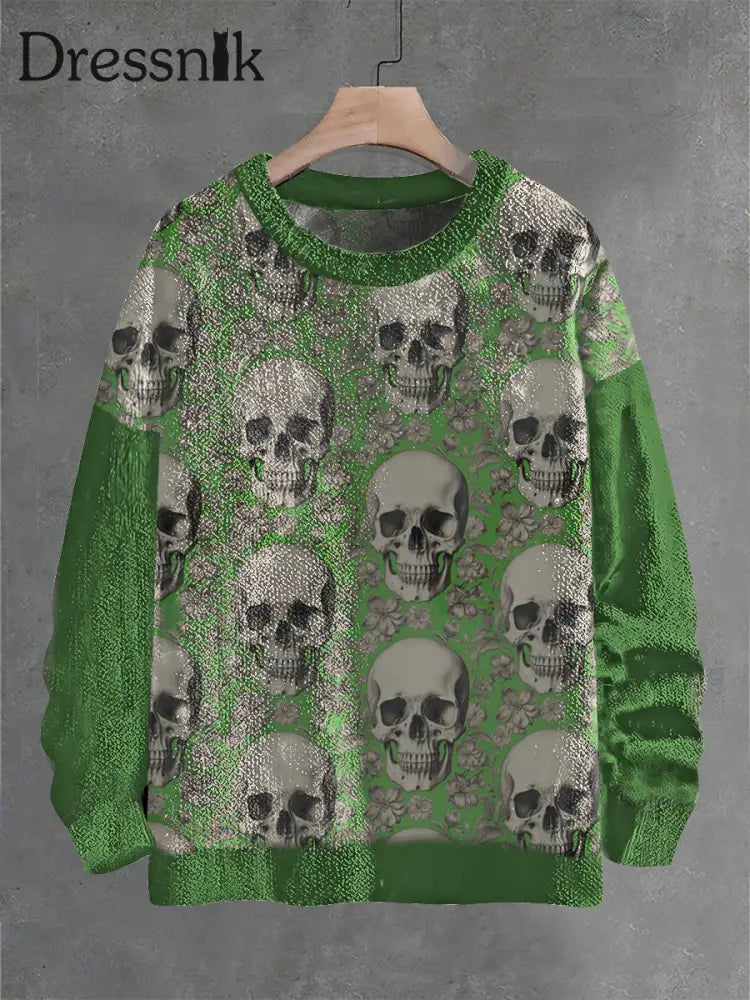 Vintage Fantasy-Schädel-Blumen-Kunstdruck Lässiger Strick Pullover Pullover Bunt / S