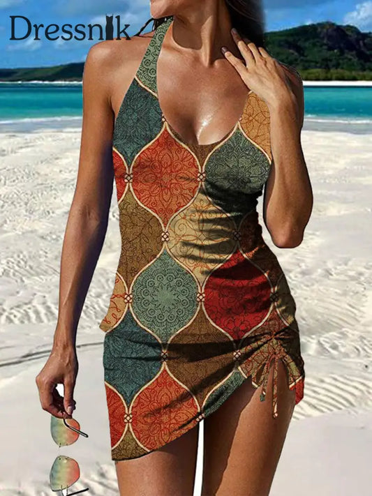 Vintage Vintage Geometrischer Kunstdruck Plissierter Badeanzug mit V-Ausschnitt A / S
