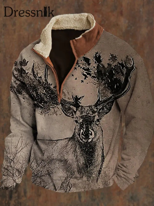 Vintage Gold Leaf Art Elk Printed Revers Fluffy Kragen Reiß Verschluss Lässig Lose Sweatshirt A / S