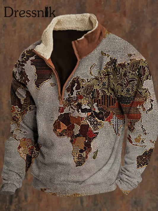 Vintage Gold Leaf Art Map Bedruckte Revers Fluffy Kragen Reiß Verschluss Lässig Lose Sweatshirt A