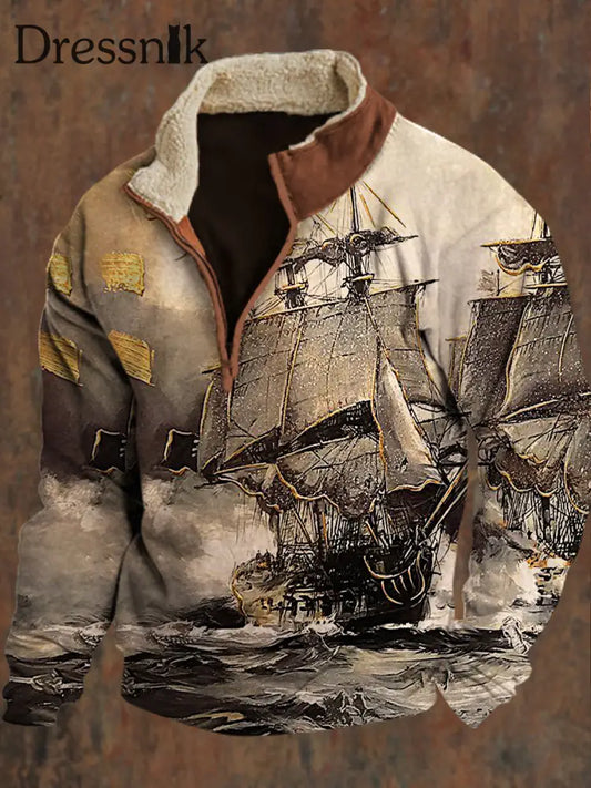 Vintage Gold Leaf Art Seeschiff Bedruckt Revers Flauschige Kragen Reiß Verschluss Sweatshirt A / S