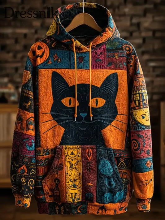 Vintage Halloween Patchwork Black Cat Print Kunst Casual Hoodie als bild / S