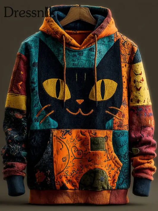 Vintage Halloween Patchwork Black Cat Print Kunst Casual Hoodie als bild / S