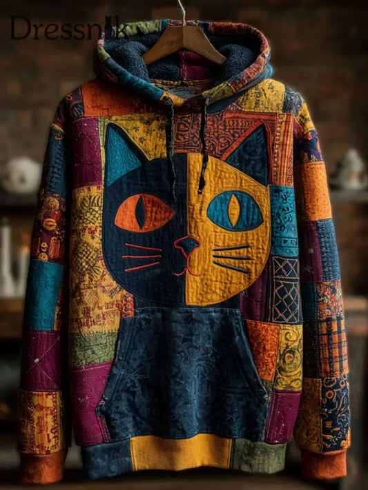 Vintage Halloween Patchwork Black Cat Print Kunst Casual Hoodie als bild / S