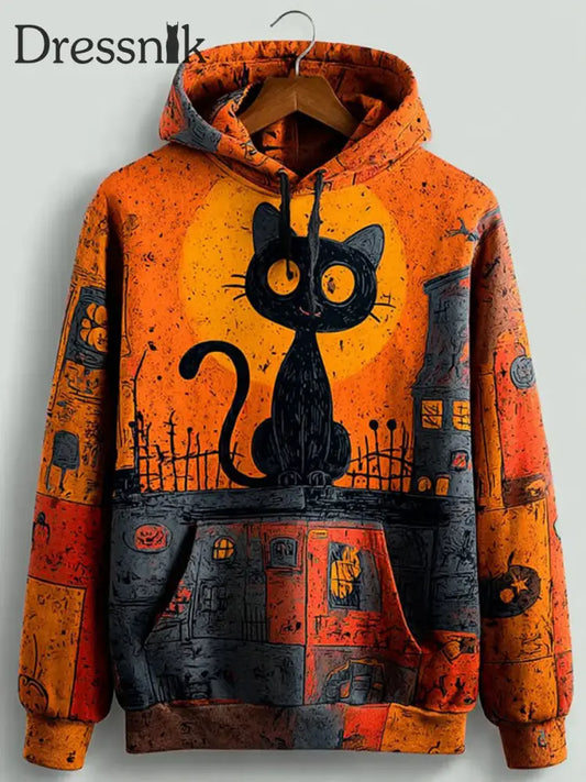 Vintage Halloween Patchwork Black Cat Print Kunst Casual Hoodie als bild / S