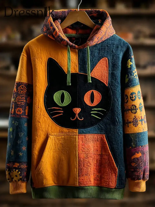 Vintage Halloween Patchwork Black Cat Print Kunst Casual Hoodie als bild / S