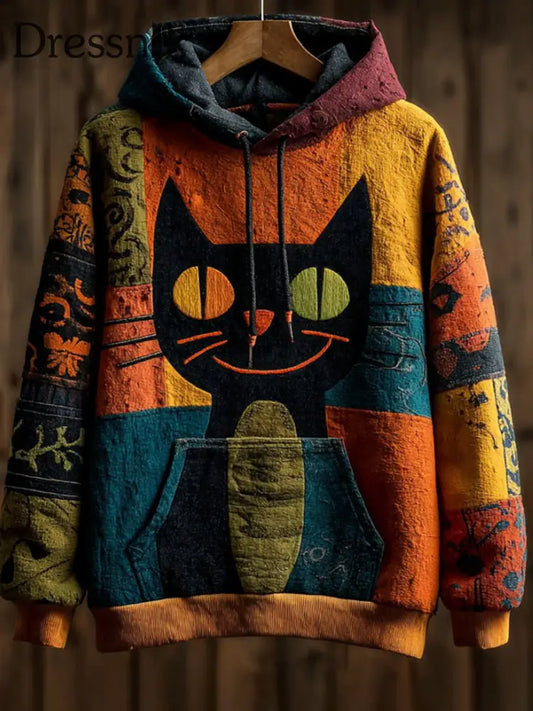 Vintage Halloween Patchwork Black Cat Print Kunst Casual Hoodie als bild / S