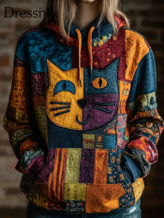 Vintage Halloween Patchwork Black Cat Print Kunst Casual Hoodie als bild / S