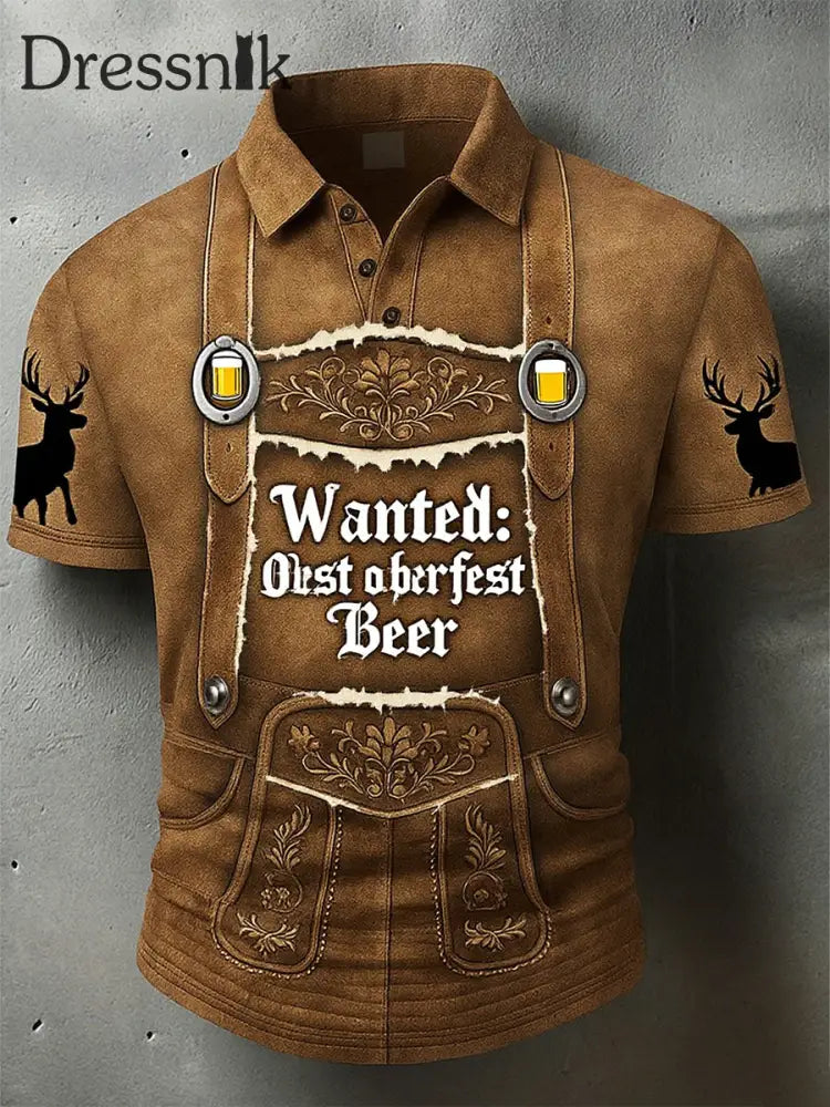 Vintage Herren Oktoberfest Deerskin Kunstdruck Ärmel Polo Shirt A / S