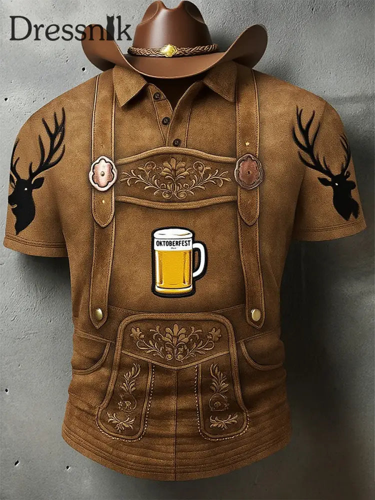 Vintage Herren Oktoberfest Deerskin Kunstdruck Ärmel Polo Shirt A / S