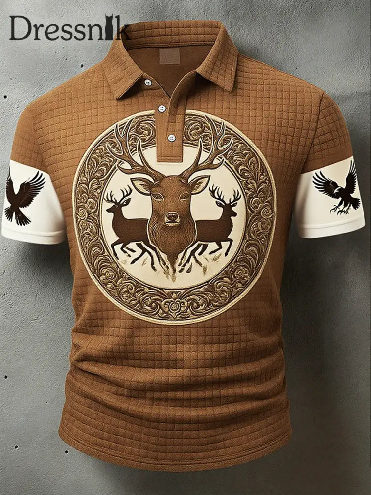 Vintage Herren Oktoberfest Deerskin Kunstdruck Ärmel Polo Shirt A / S