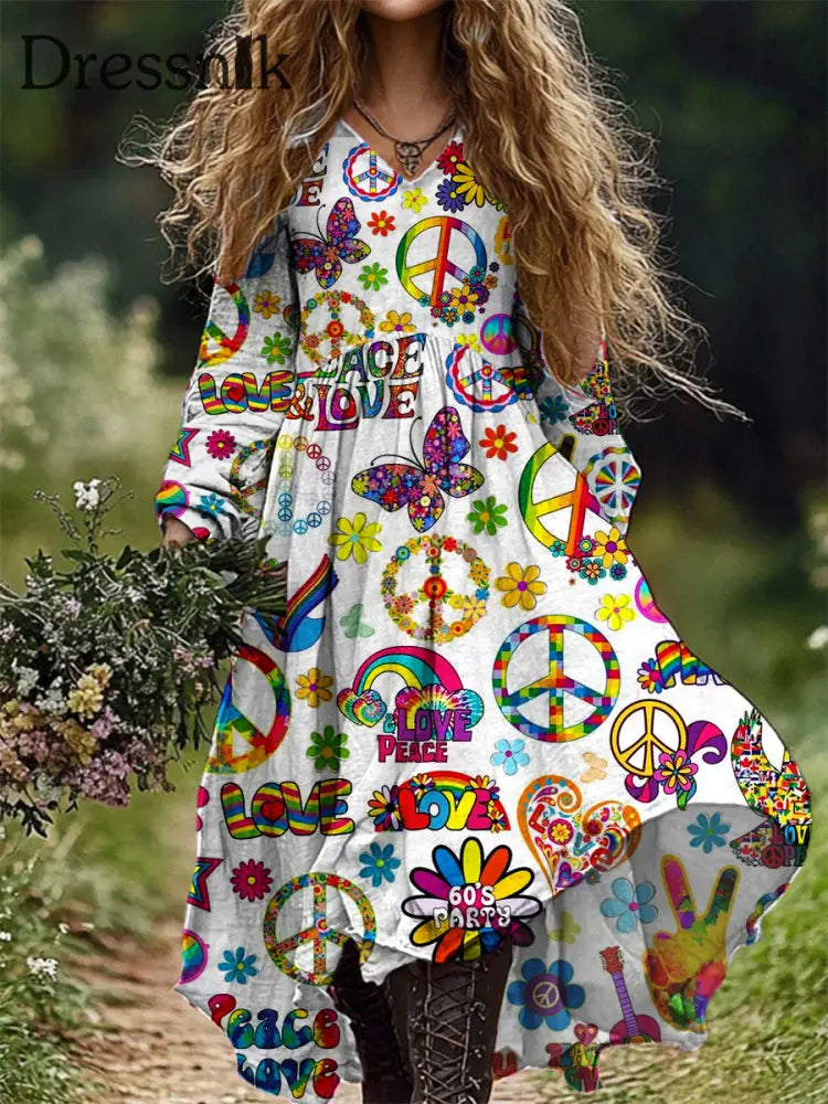 Vintage Hippie Kunstdruck V-Ausschnitt Elegantes Schickes Langärmliges Midi Kleid A / S