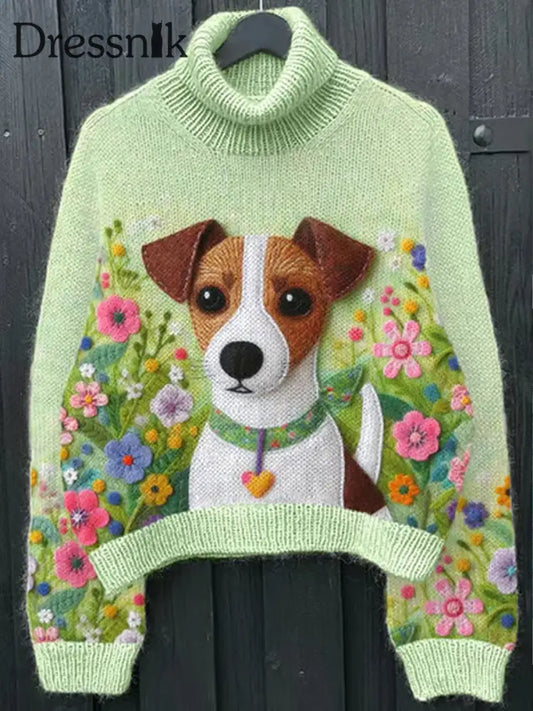 Vintage Hund Kunstdruck Langarm Dicker Strick Pullover A / S