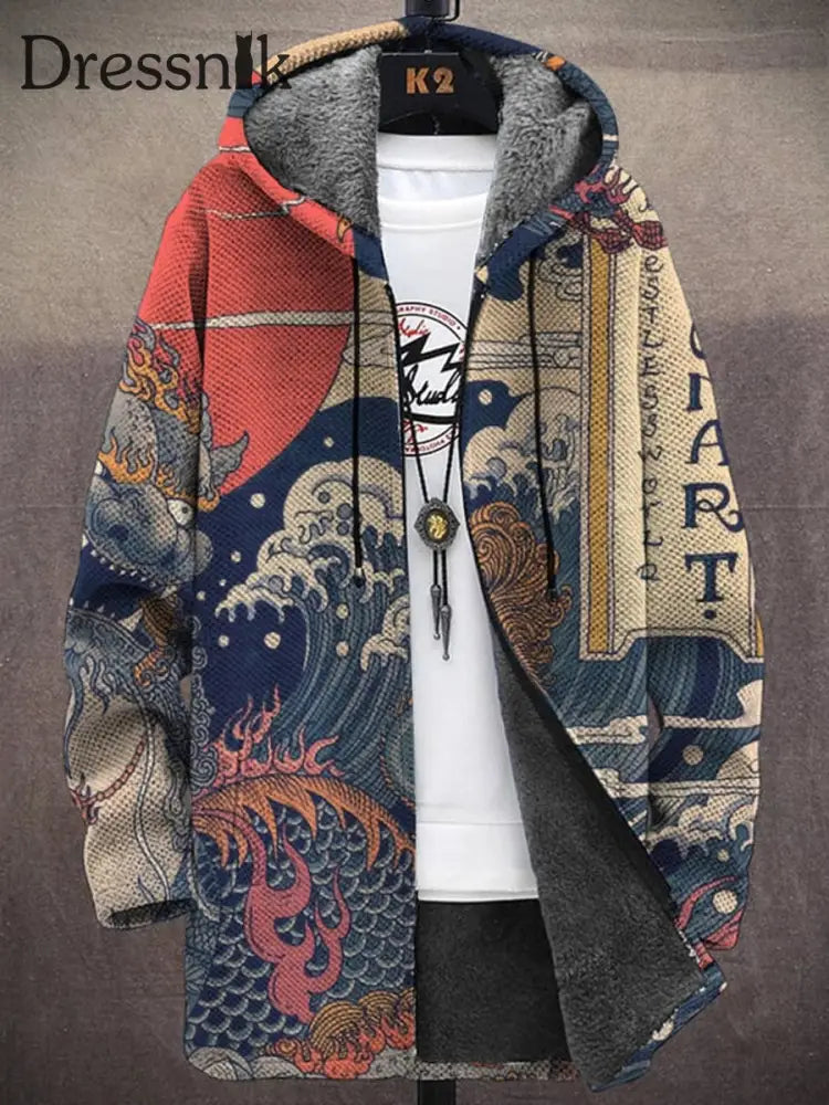 Vintage Japanische Ukiyo-E Wellen Und Monster Druck Plüsch Dicke Freizeit Jacke Cardigan Mantel A