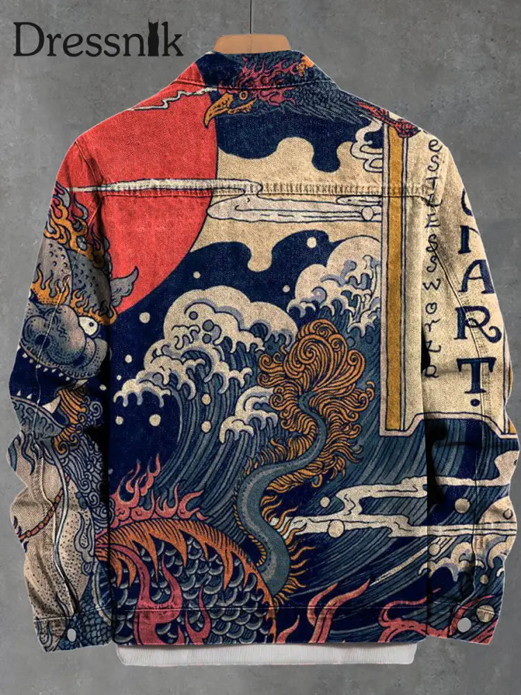 Vintage Japanische Ukiyo-E Wellen Und Monster Print Dicke Langarm Freizeit Jacke