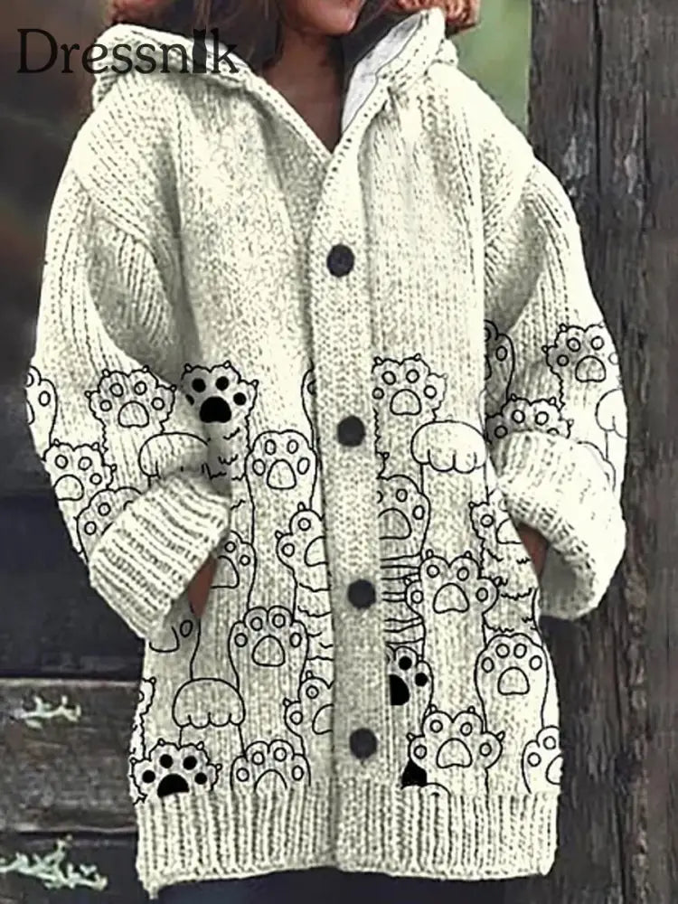 Vintage Katze Kunstdruck Knopf Dick Lang Ärmel Ige Kapuzen Strickjacke A / S