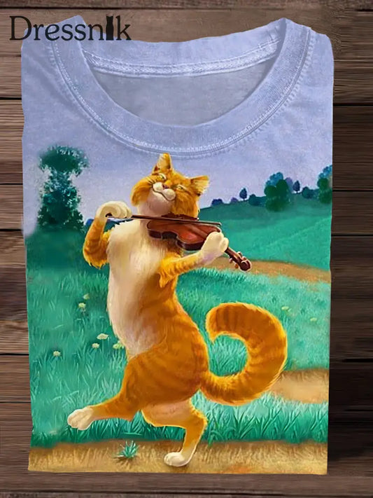 Vintage Katze Spielt Violine Kunstdruck Mode T-Shirt