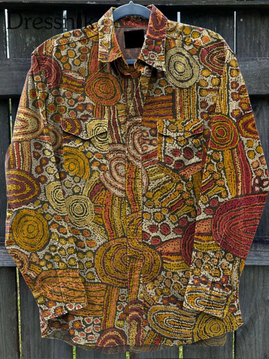 Vintage Kunst Abstraktes Kunstdruck Langarm Freizeit Hemd A / S