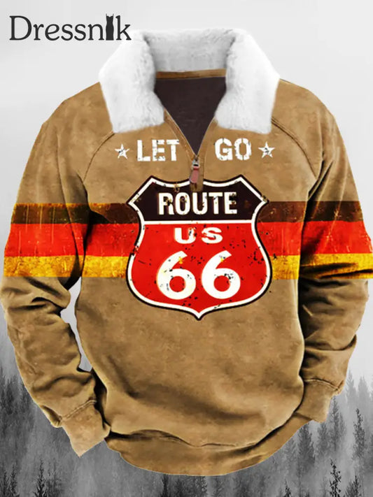 Vintage Let’s Go Route Us 66 Bedruckte Revers Flauschige Kragen Reiß Verschluss Lässig Lose