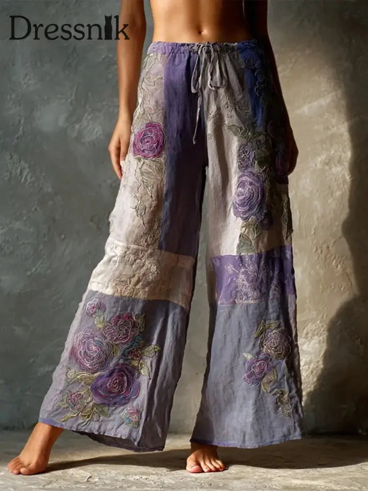 Vintage lila Rosen Patchwork-Hosen für Damen Lila / S