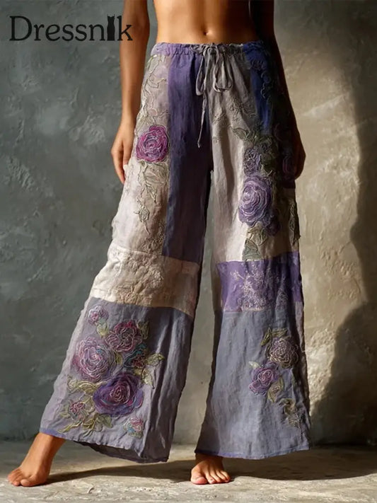 Vintage lila Rosen Patchwork-Hosen für Damen Lila / S