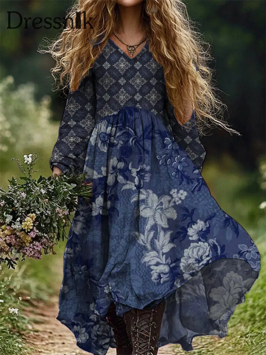 Vintage-Midi Kleid Mit V-Ausschnitt Und Elegantem Schickem Lockem Langen Nacht A / S