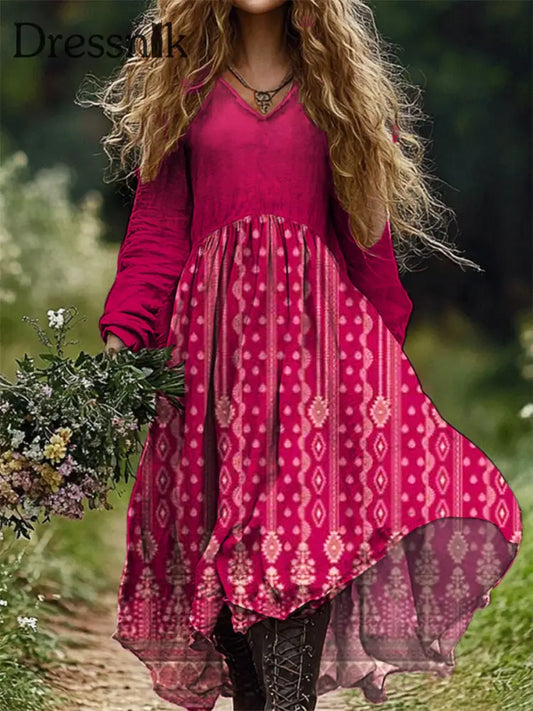 Vintage-Midi Kleid Mit V-Ausschnitt Und Elegantem Schickem Lockem Langen Nacht A / S