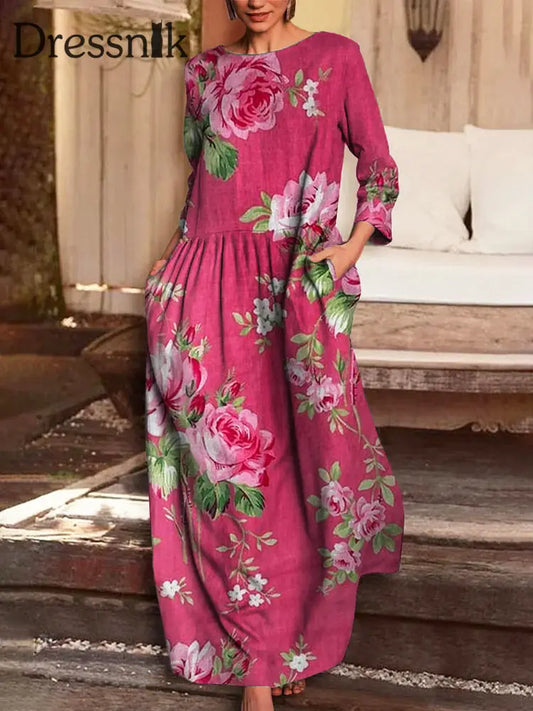 Vintage-Midi Kleid Mit V-Ausschnitt Und Elegantem Schickem Lockem Langen Nacht A / S