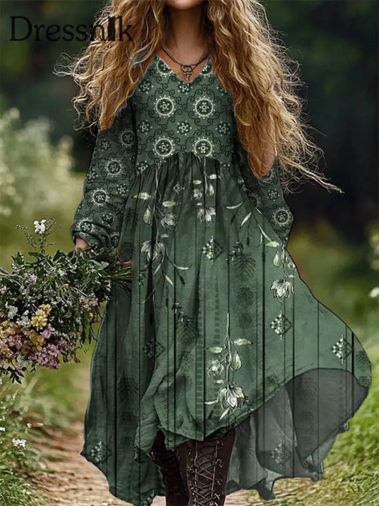 Vintage-Midi Kleid Mit V-Ausschnitt Und Elegantem Schickem Lockem Langen Nacht A / S