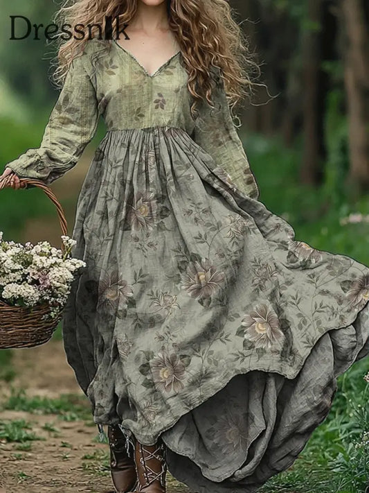Vintage-Midi Kleid Mit V-Ausschnitt Und Elegantem Schickem Lockem Langen Nacht A / S