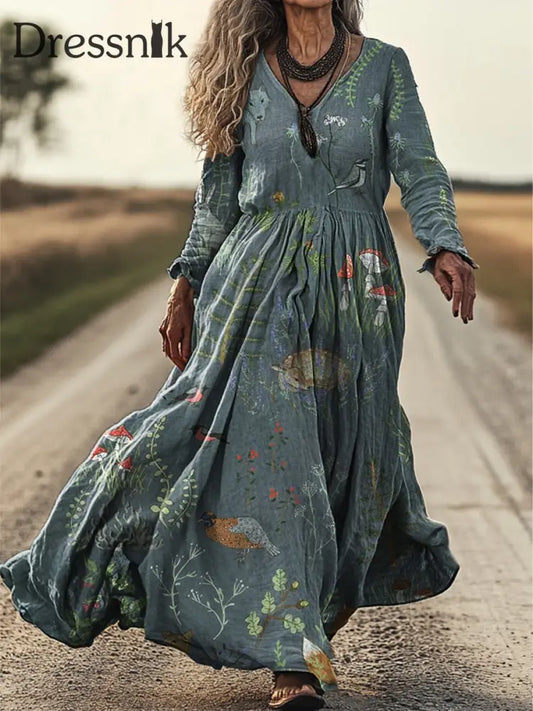 Vintage-Midi Kleid Mit V-Ausschnitt Und Elegantem Schickem Lockem Langen Nacht A / S