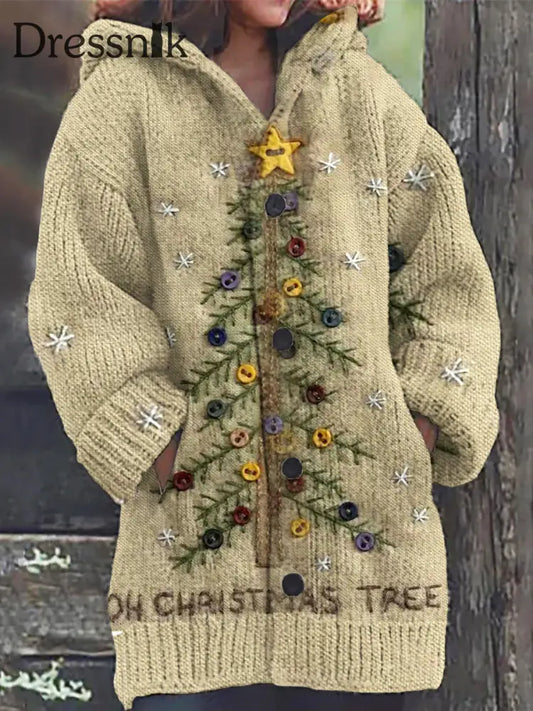 Vintage Nahtlose Stickerei Weihnachtsbaum-Druck-Knopf Dick Lang Ärmelig Kapuzen Strickjacke A / S